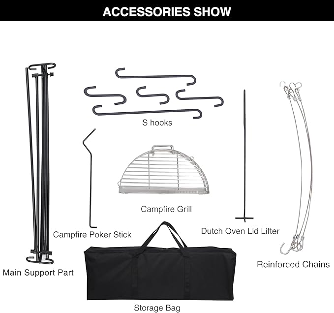 REDCAMP Swing Campfire Grill Stand - Collapsible Campfire Cooking Rack with 6 Hooks & Stainless Steel Grill Grate, Portable Dutch Oven Hanger for Outdoor Camping, Cookware, Bonfire, Round