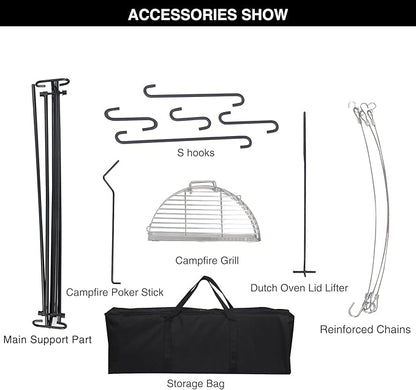 REDCAMP Swing Campfire Grill Stand - Collapsible Campfire Cooking Rack with 6 Hooks & Stainless Steel Grill Grate, Portable Dutch Oven Hanger for Outdoor Camping, Cookware, Bonfire, Round