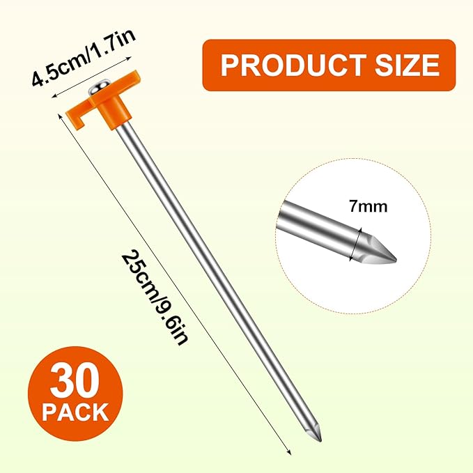 30 Pack Tent Stakes Heavy Duty,9.6 Inch Non-Rust Metal Tent Pegs,Ground Stakes Tent Spikes,Camping Stakes for Outdoor Camping,Grassland,Garden,Orange