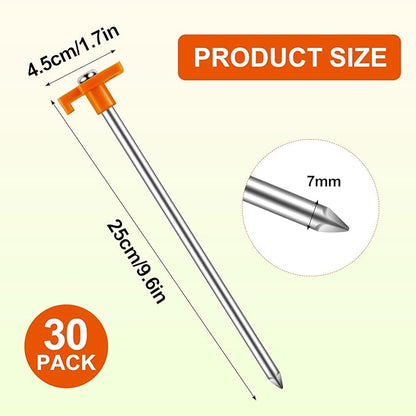 30 Pack Tent Stakes Heavy Duty,9.6 Inch Non-Rust Metal Tent Pegs,Ground Stakes Tent Spikes,Camping Stakes for Outdoor Camping,Grassland,Garden,Orange