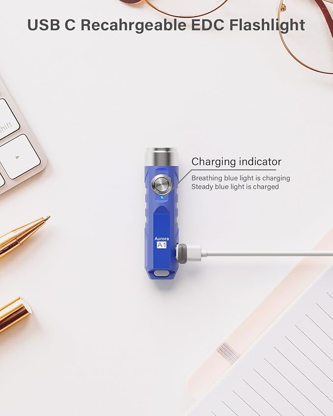 RovyVon Aurora A1 G4 USB C Rechargeable Mini Flashlight, Small Bright Keychain Flashlight 650 High Lumens EDC Flashlight Gadget with Clip for Camping, Hiking, Emergencies (Blue)