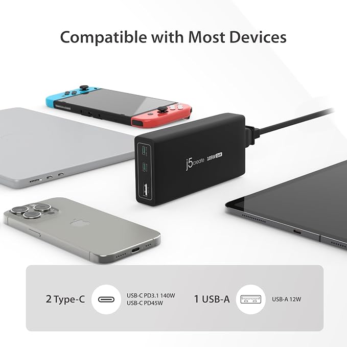 j5create 185W GaN USB-C/A 3-Port Laptop Super Charger w/Power Delivery 3.1