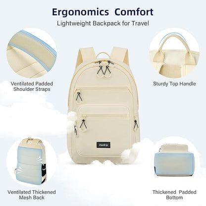 Carry On Travel Backpack For Women, 18 Inch Water Resistant Large Backpack Lightweight Bookbag For Men, 8x14x18 Personal Item Bag Casual Daypack Backpacks For Work Office Commuter (Offwhite)