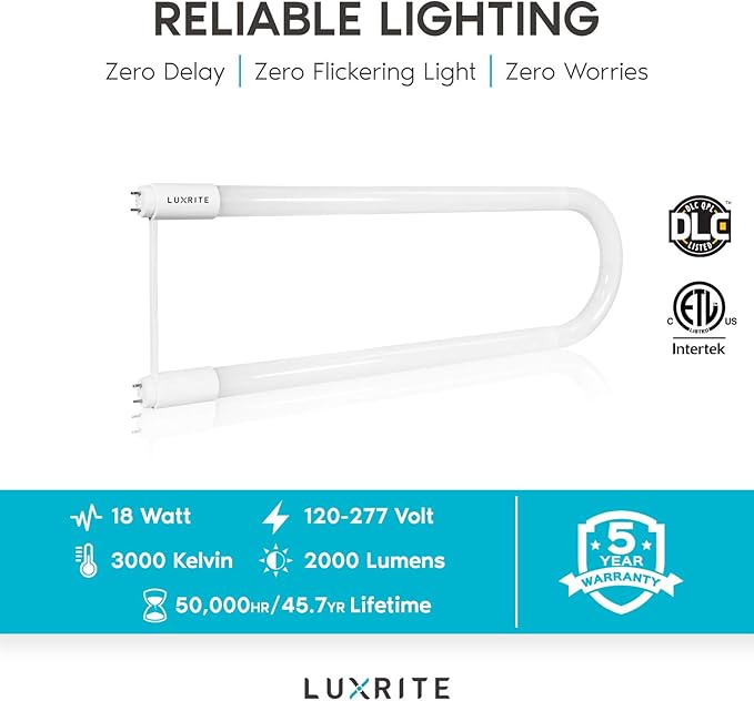 LUXRITE U Bend LED Tube Light, T8 T12, 3000K Soft White, 2000 Lumens,