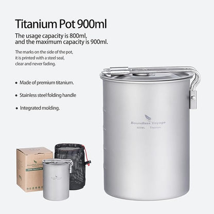 iBasingo 900ml Titanium Camping Cup with Lid Lightweight Portable Camping Pot for Backpacking Hiking Travel Cookware with Stainless Steel Foldable Handle, Ideal for Coffee, Soup, Cooking Ti2040C