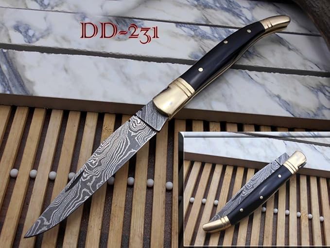 Laguiole Folding Damascus steel knife, 8.6" Long with 4.1" hand forged custom twist patren Blade. Wine 2 Tone Dollar wood & brass bolster scale. Cow hide leather sheath included (Bull Horn)