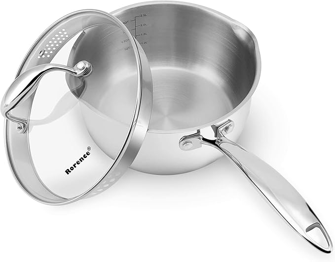 Rorence 3-Quart Saucepan with Lid: Pour and Strain Stainless Steel Sauce Pan