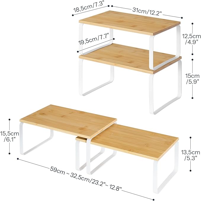 HOOBRO Cabinet Organizer Shelf, Expandable Kitchen Storage, Stackable Bamboo