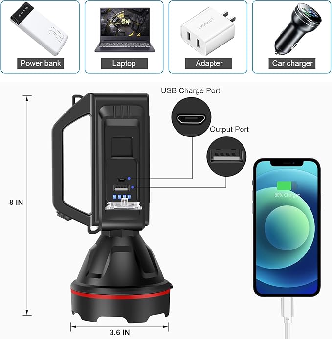 Rechargeable Spotlight Flashlight, High Lumens Handheld Spotlight,LED Searchlight with Shoulder Strap and USB Output for During Hurricane,Emergency, Storms, Outages,Hunting, Hiking, Camping(Black1)