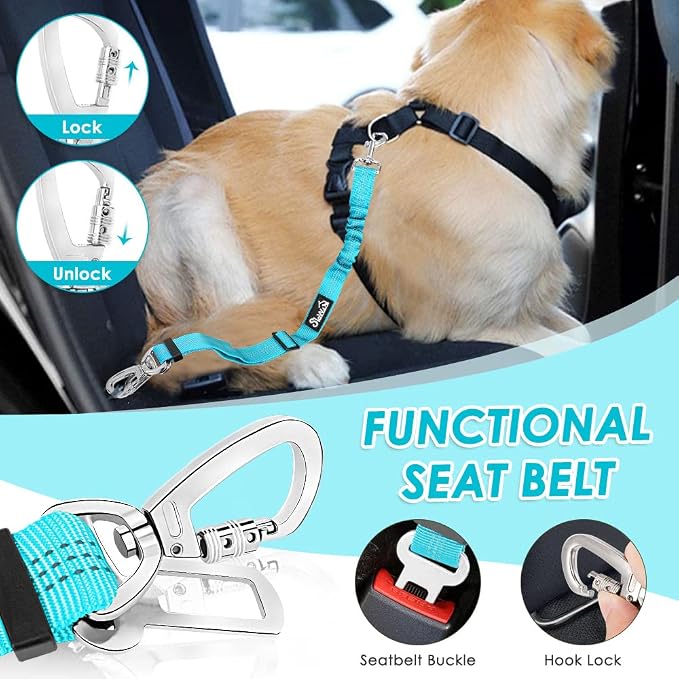 Lukovee Dog Car Harness Seat Belt, Adjustable Mesh Breathable Vest with Elastic Bungee Tether, Soft Padded 2-in-1 Safety Car Harness Seatbelt for Small Medium Large Dogs (Light Blue,L)