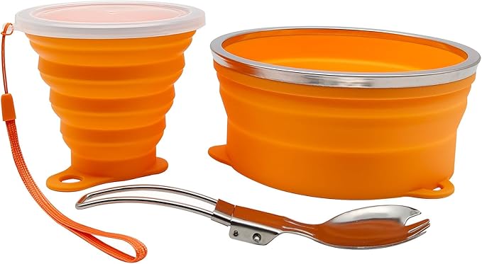 Mess Kit for Camping Silicone Collapsible Bowl Collapsible Cup and Stainless Steel Spoon for Backpacking Outdoor Hiking Traveling and Picnic