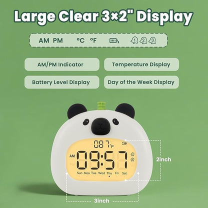 Panda Alarm Clock with Night Light for Kids – Cute Digital Sleep Trainer with LED Display, 3 Alarms, Countdown Timer, Adjustable Brightness – Rechargeable Bedside Clock for Boys and Girls