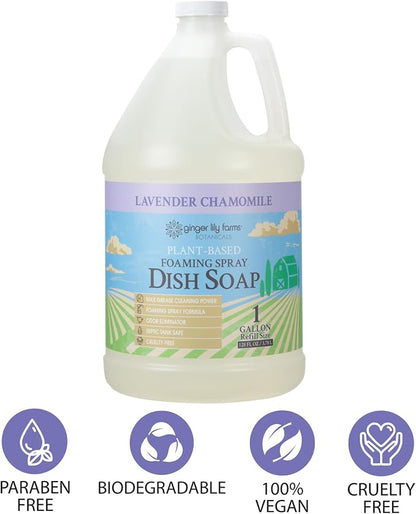 Ginger Lily Farms Botanicals Plant-Based Foaming Spray Dish Soap, Concentrated Formula with Max Grease Cleaning Power, Cruelty-Free, Lavender Chamomile Scent, 1 Gallon (Pack of 4)