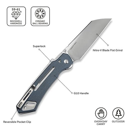 CIVIVI Buster FG Large Pocket Knife for EDC, Superlock Folding Knife for Men Women with 4.2" Nitro-V Blade G10 Handle, Designed by Snecx Tan C24052-2 (Neutral Blue)