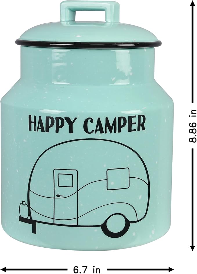 Young's Inc. Ceramic Cookie Jar - Cute Kitchen Counter Storage Canister with Lid - Perfect for Cookies, Coffee, Tea, Candy, Dog Treats, and More - Happy Camper - Mint