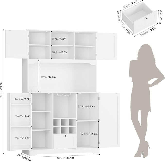 FINETONES 71" Pantry Cabinet with 7-Color LED Light and Charging Station, Kitchen Pantry Cabinet with Microwave Stand, Kitchen Hutch Food Storage Cabinet with Outlet and Wine Racks, White