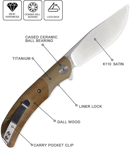 Petrified fish PFP09 Hourglass Folding Knife,3.54" K110 Steel Satin Blade, 3.88oz Titanium and Gallwood Handle Pocket knife for Camping Outdoor EDC (Gall wood Satin)