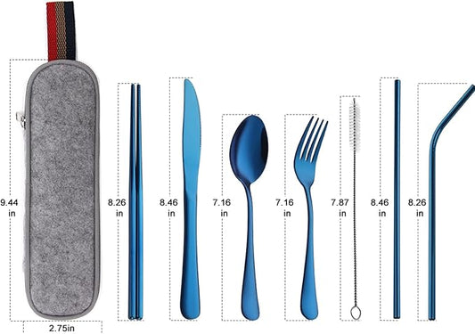 DEVICO Portable Utensils, Travel Camping Cutlery Set, 8-Piece including Knife Fork Spoon Chopsticks Cleaning Brush Straws Portable Case, Stainless Steel Flatware set (Blue)