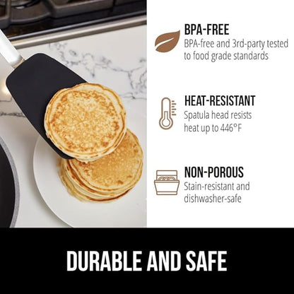 GORILLA GRIP Patented BPA-Free Non-Scratch Spatula, 2 Pack, Heat Resistant Flexible Silicone Head for Nonstick Cooking Pans, Soft Rubber Handle, Kitchen Spatulas for Flipping Eggs, Pancakes, Black