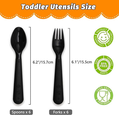 12 Pcs Kids Spoons and Forks Toddler Utensils Plastics Reusable Silverware Baby Cutlery Set Feeding Dinnerware Utensils BPA Free Microwave Dishwasher and Freezer Safe- Black