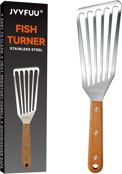 Fish Turner Spatula Stainless Steel, 11" Metal Slotted Spatula for Non Stick Pans, Grilling Salmon, Flipping Eggs & Pancakes,Easy to Clean,Heat-Resistant Wood Handle