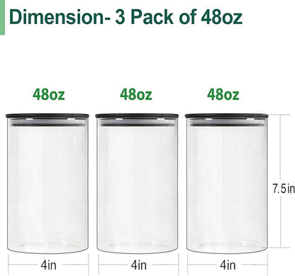 Urban Green Glass Jars with Black Lids, Glass food storage container sets with black lids, Airtight Canisters Sets with Bamboo Lids. Pantry Jar (3 Pack of 48oz)