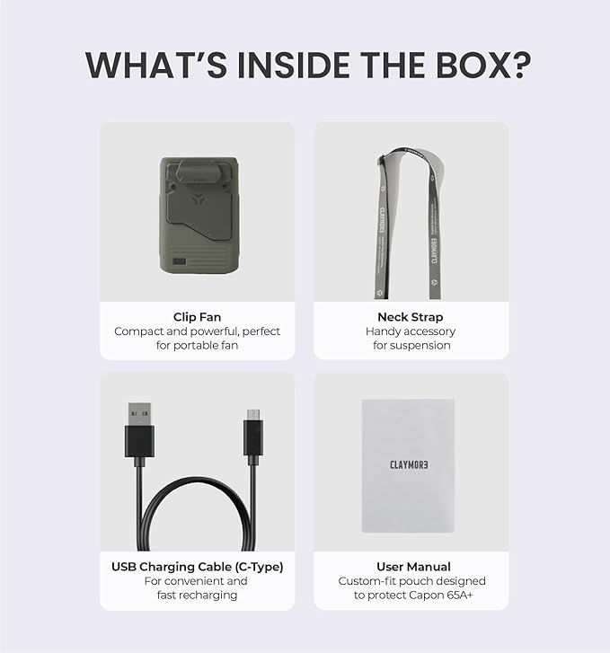 Claymore Clip Fan Khaki ??Portable Rechargeable Neck Waist Wearable Fan with 5200mAh Battery, 5-Speed Quiet BLDC Motor, Hands-Free Neck Strap Design, USB-C Charging Camping, Hiking, Outdoor Use