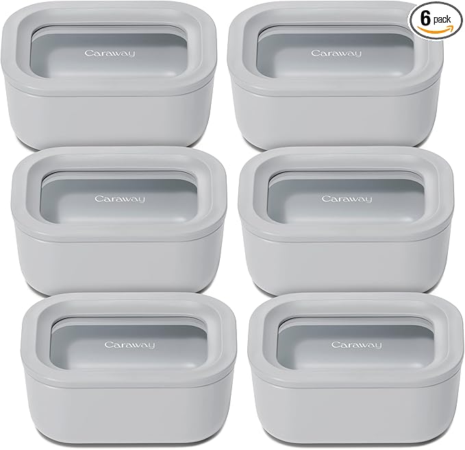 Caraway 6pc Glass Food Storage Set - 2.6 Cup Storage Containers For Food (6) - Non-Toxic Ceramic-Coated Glass - Air Release Technology - Compact & Stackable Design - Gray