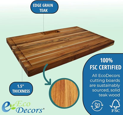EcoDecors, Teak Edge Grain Cutting Board 29"x18", Solid FSC Teakwood Butcher Block with Juice Groove, Handles & Waste Chute, Large Cutting Board for Kitchen, Carving, and Stove-Top Prep
