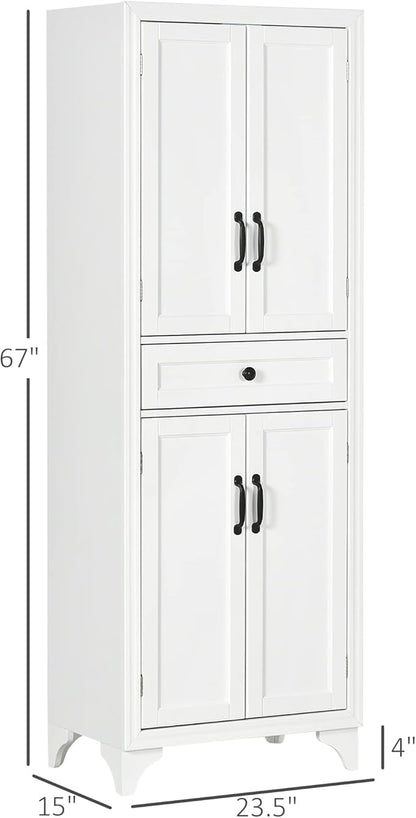 HOMCOM 67" Tall Freestanding Kitchen Pantry Cabinet, 4-Door Storage Cabinet with Drawer and Adjustable Shelves for Dining Room, White