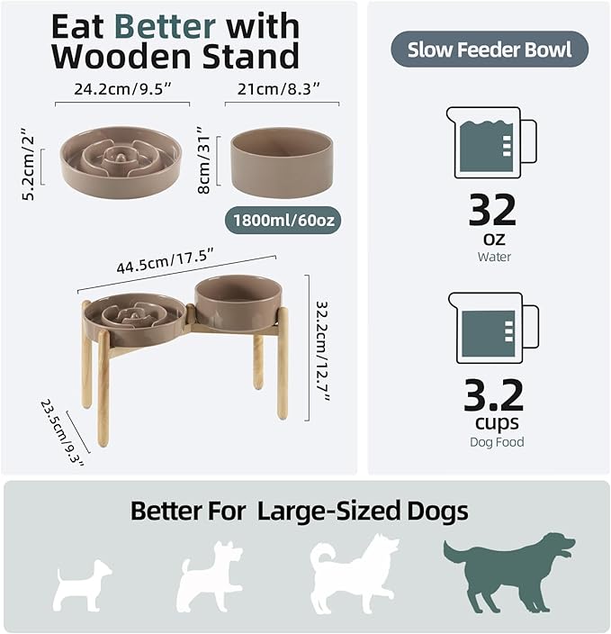 3.2 Cup Ceramic Raised Slow Feeder Dog Bowl Set, Elevated 8.2inch Bowl and