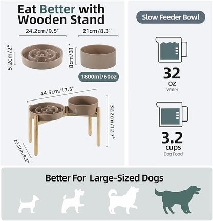 3.2 Cup Ceramic Raised Slow Feeder Dog Bowl Set, Elevated 8.2inch Bowl and