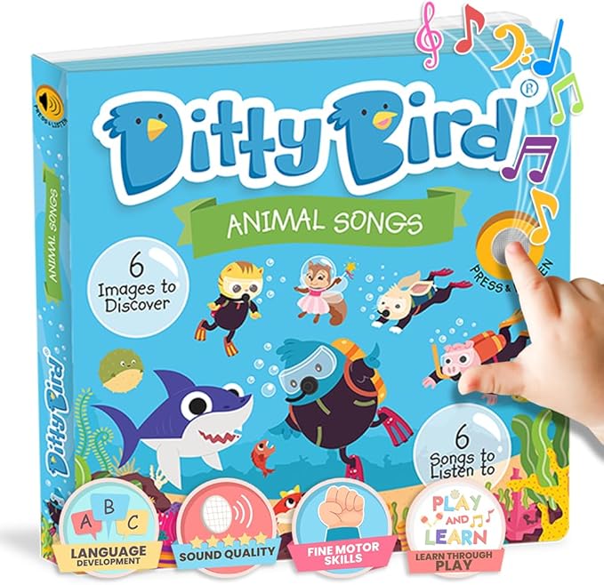 Ditty Bird Animal Songs Book for Toddlers – Interactive Sound Book with Baby Shark & More | Musical Board Book for 1-3 Year Olds | Fun, Realistic Animal Sounds | Sturdy Sensory Book for Baby