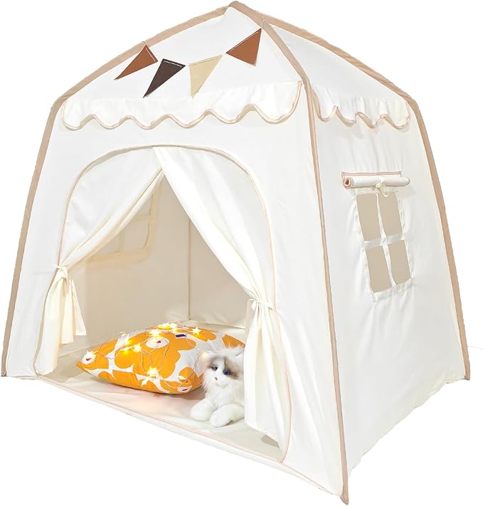 Toddler Bed Tent, Kids Play Tent with Flags, Star String, Portable Bed Canopy for Boys & Girls, Children, Indoor Outdoor Dome Playhouse, Cream, 51" x 39" x 51"