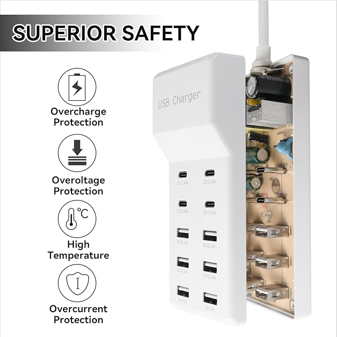 USB Charging Station with 6 USB-A & 4 USB-C Ports, 50W 10A USB Charging Block