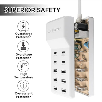 USB Charging Station with 6 USB-A & 4 USB-C Ports, 50W 10A USB Charging Block