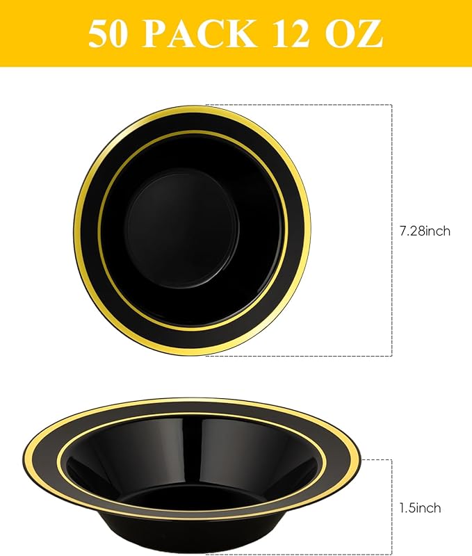 50 Pack Black Disposable Bowls with Gold Rim, 12oz Black Plastic Soup Bowls for Party, Wedding, Holiday,And Halloween