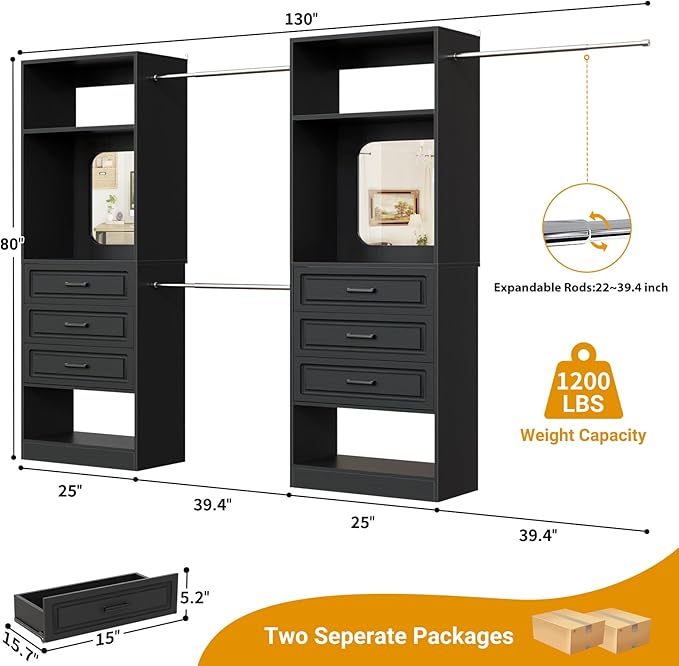 Unikito Closet System with 6 Drawers, 6-14Ft Closet Organizer with Mirror