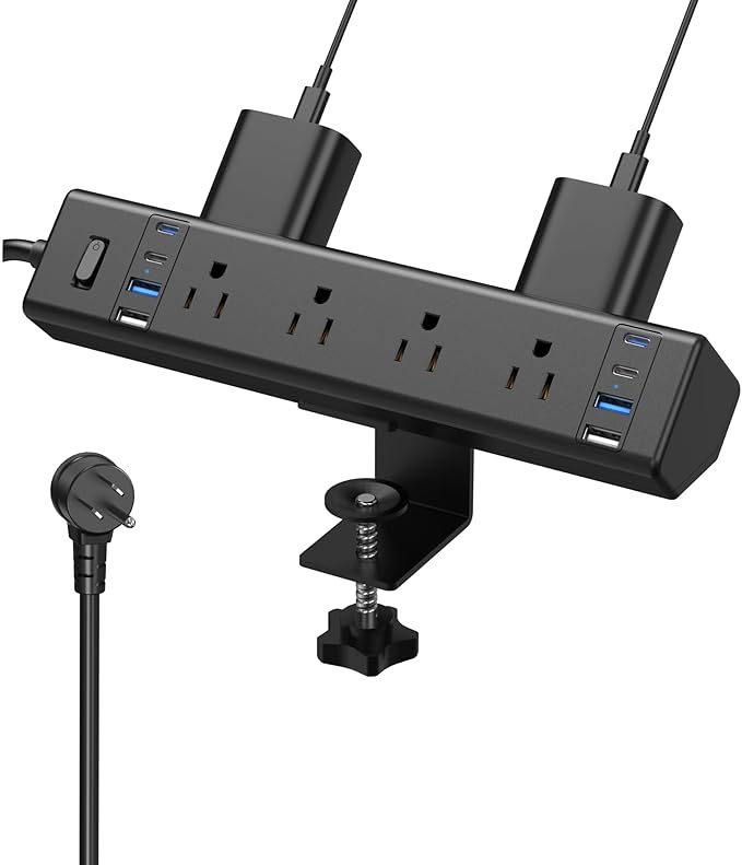 Desk Clamp Power Strip, 40W Total Fast Charging Station, Desk Edge Mount Power