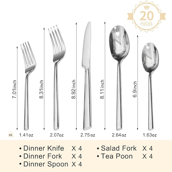 KINGSTONE Silverware Set, 20-Piece Forged Flatware Set Cutlery Set Premium Stainless Steel, Service for 4, for Kitchen, Home, Wedding, Party, Mirror Polished and Dishwasher Safe