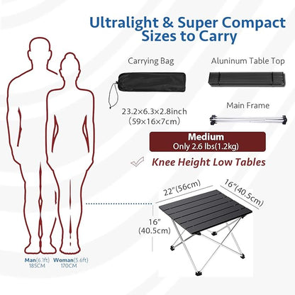Grope Portable Camping Table with Aluminum Table Top, Folding Beach Table Easy to Carry, Prefect for Outdoor, Picnic, BBQ, Cooking, Festival, Beach, Home Use (Black-M)