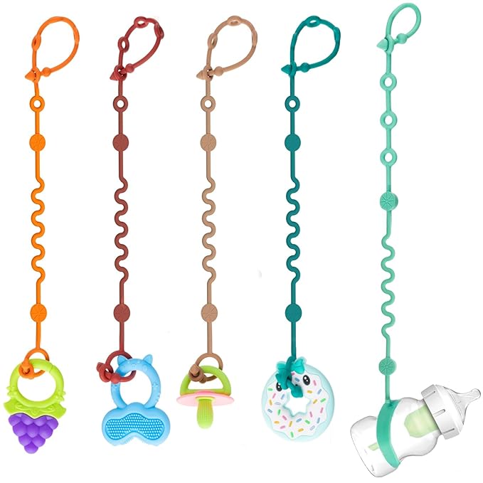 Toy Straps for Baby, 5pcs Adjustable Toy Holder for Stroller Accessories, Silicone Tether Pacifier Clip, No Throw Travel Essential Leash for High Chair, Car Seat (5-Pack)