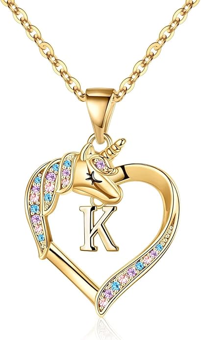 Hidepoo Unicorn Necklace Gifts for Girls - 14K-Gold-Plated Colorful CZ Heart Necklace Girls Jewelry Initial Unicorn Necklaces for Girl Birthday Gifts