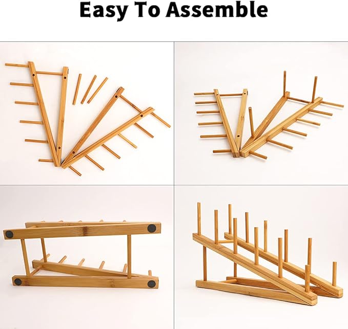 4 PCS Wooden Dish Drying Rack Bamboo Plate Dish Rack Stand Kitchen Cabinet