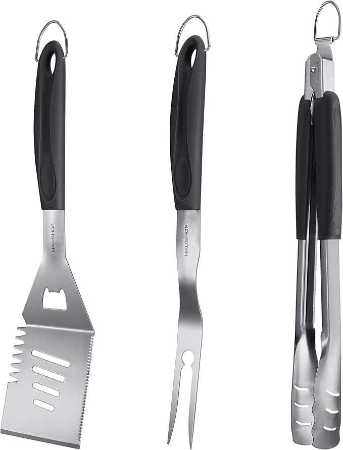 HAUSHOF Large Grill Accessories Heavy Duty BBQ Set Gifts for Men/Women - Premium Stainless Steel Spatula, Fork & Tongs, Barbecue Utensils Tool Kit Gift for Grilling Lover Outdoor