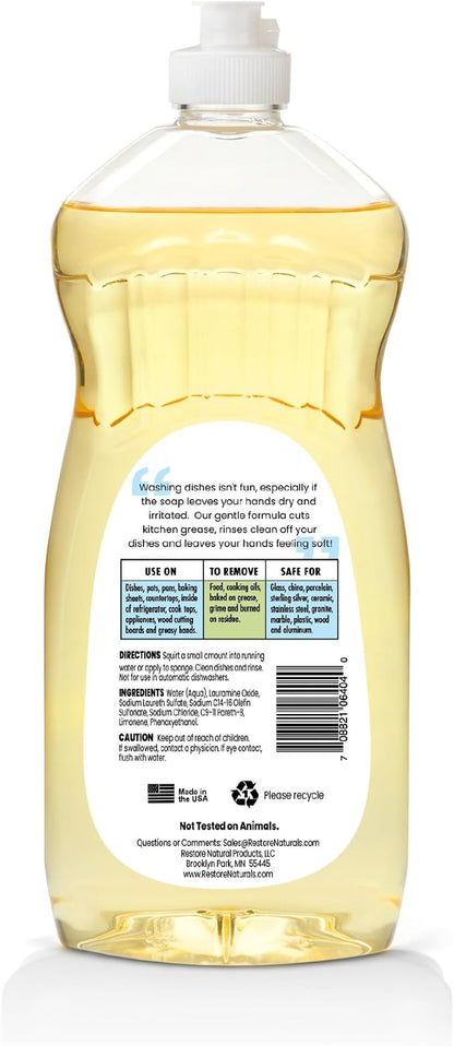 Restore Naturals Non Toxic Liquid Dish Soap - 25 Fl Oz - Plant Based | Biodegradable | Gentle Formula | Cruelty Free | Made in the USA - 3 Pack
