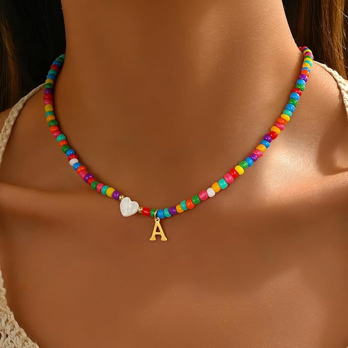 Colorful Initial Necklaces for Girls Women Kids - Teen Girls Gifts Trendy Beaded Initial Necklace Dainty Letter Gifts Choker Necklace for Girl Jewelry