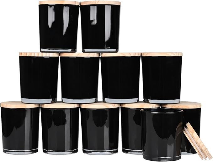 Thick Candle Jars for Making Candles 12 Pcs, 7 OZ Empty Jars with Wood Lids for Candle Making, Sample Container, Black