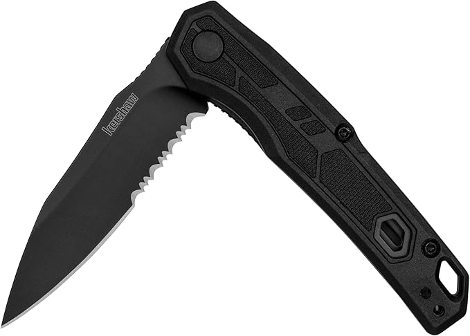 Kershaw Appa Folding Serrated Tactical Pocket Knife, Assisted Opening, 2.75 inch Serrated Black Blade and Handle, Small, Lightweight Every Day Carry