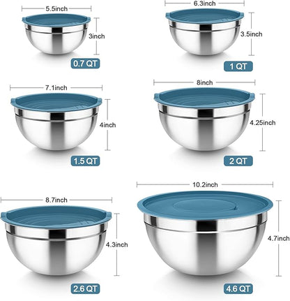 TeamFar Mixing Bowls with Lids Set, 6PCS Stainless Steel Metal Nesting Salad Bowl with 3 Grater Attachments, for Food Baking/Mixing/Serving/Storing, Dark Blue- 4.6/2.6/2 / 1.5/1 / 0.7 QT
